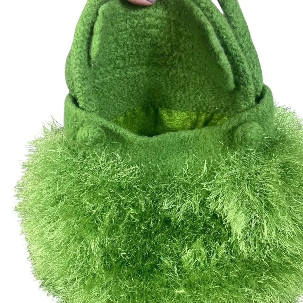 Vintage Y2K Eyelash Mini Bucket Bag Wool Handbag Fuzzy Lime Green Butterfly - Picture 4 of 8